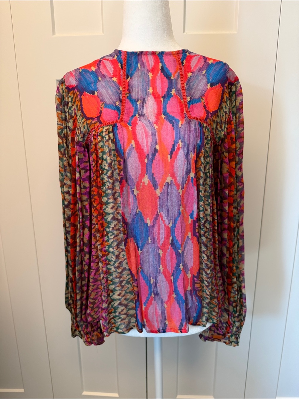 Anthropologie Multicolor Printed Long-Sleeve Blouse in Pink, Purple & Blue